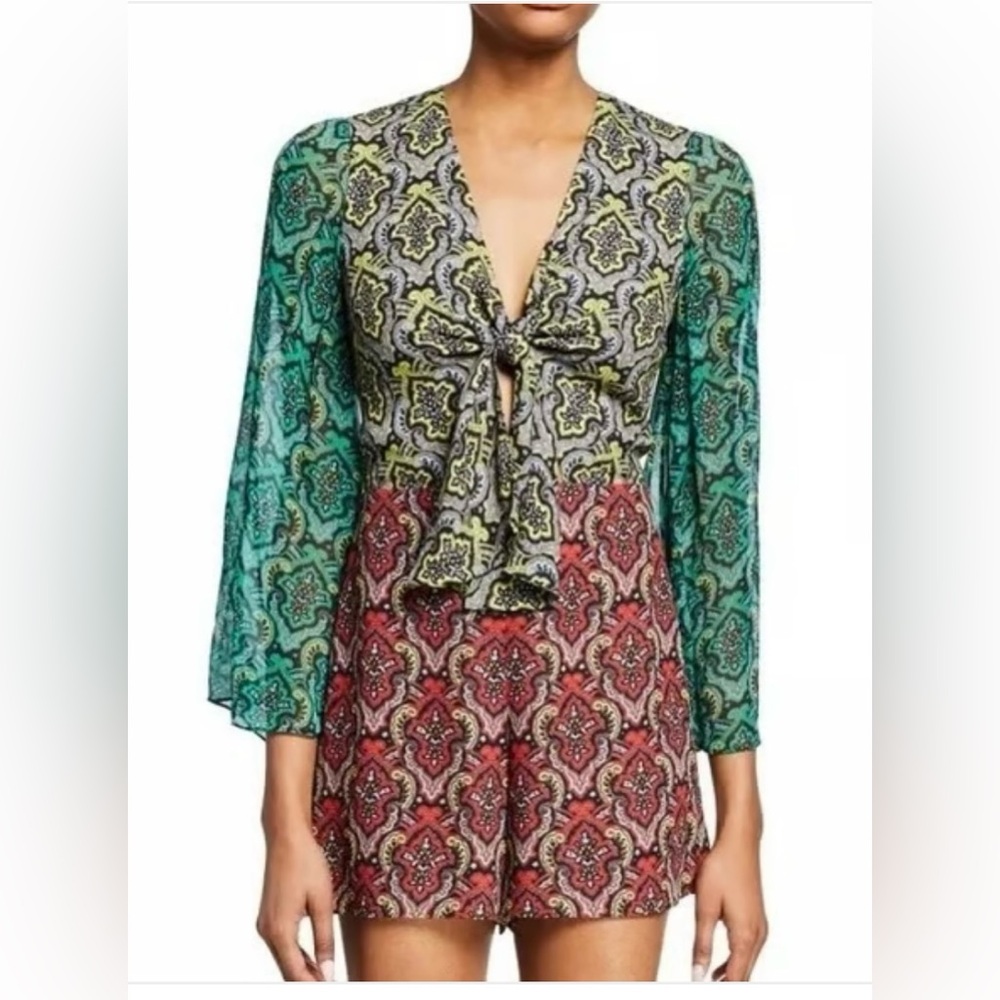 Alice + Olivia Brylee Tie-Front Bell-Sleeve Romper, Size 6